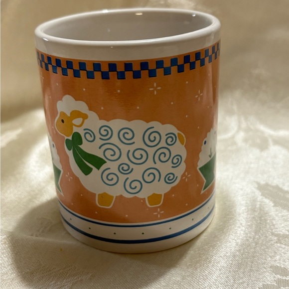 Vintage Charming Sheep and Rabbit Mug - Orange and White - Picture 2 of 7